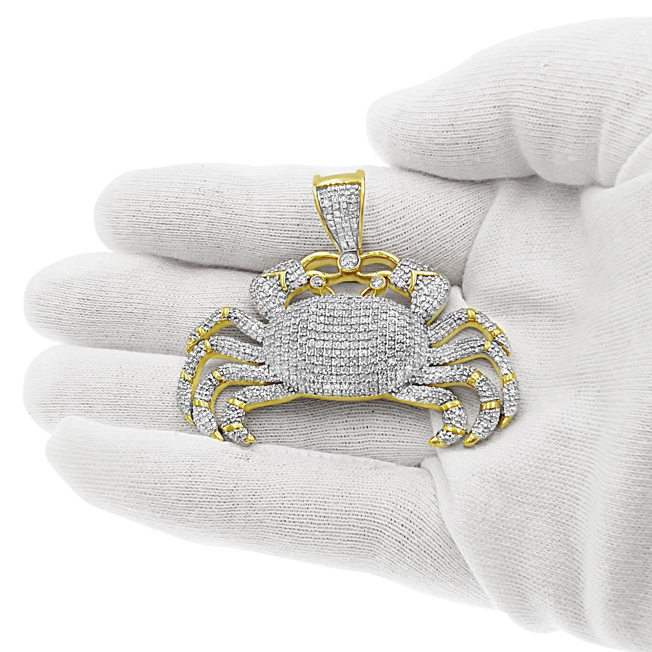 3.29 Ctw Diamond Crab Cancer Zodiac Sign Charm Pendant 10k Yellow Gold Mens