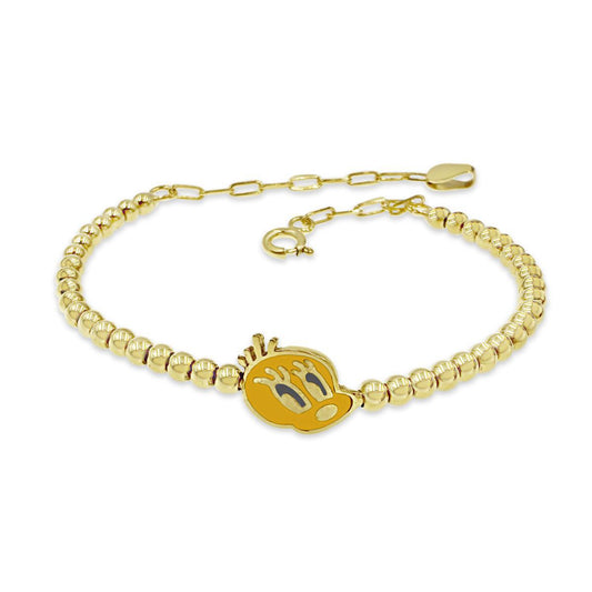 10k Yellow Gold Kids Beaded Bracelet Tweety Face Enamel Adjustable
