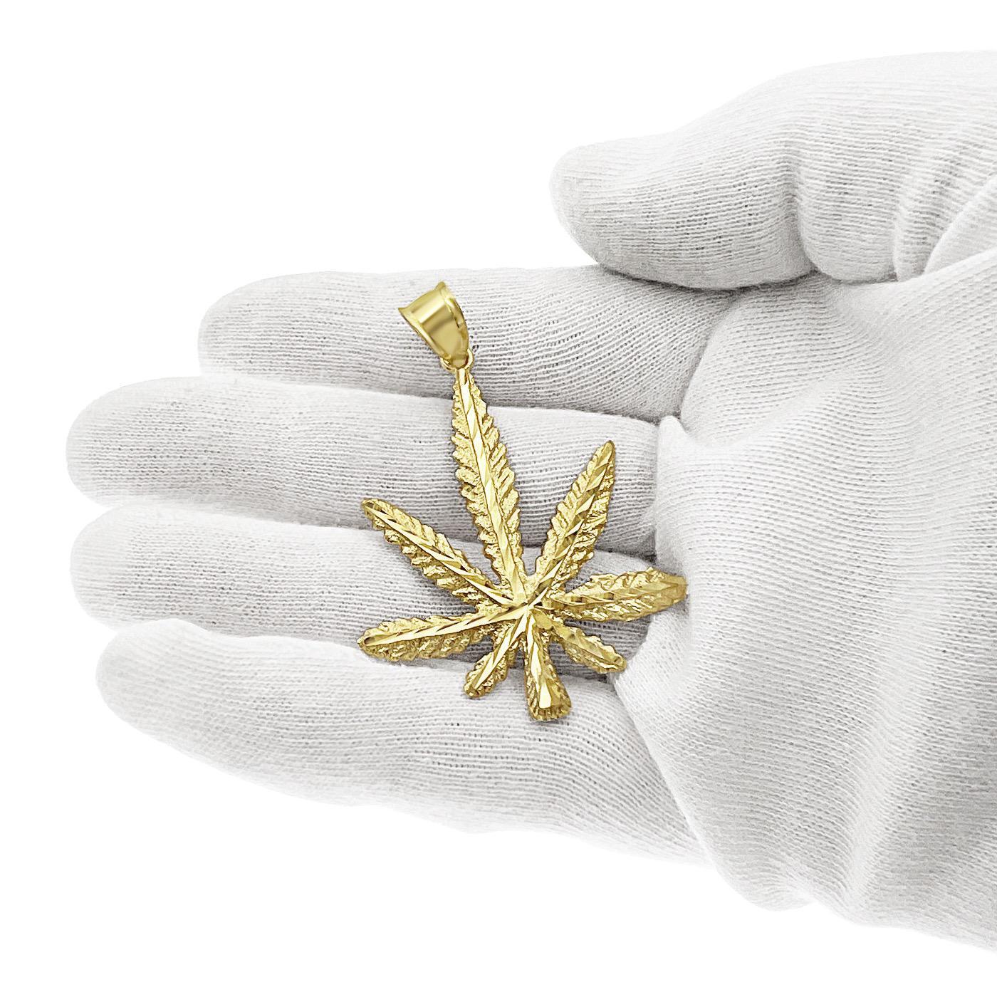 Marijuana Leaf Pendant 10k Yellow Gold Cannabis Weed Pot Charm 2.3 inch