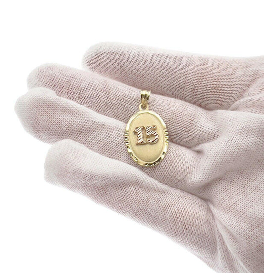 Quinceanera 15 Anos Birthday Pendant Oval Charm 10k Yellow Gold