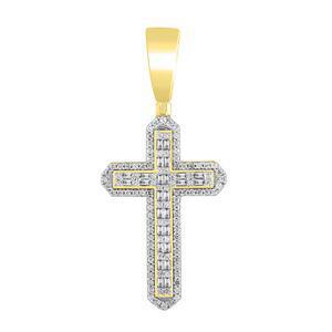 0.75 Cttw Round Baguette Diamond Cross Pendant Charm 10k Yellow Gold