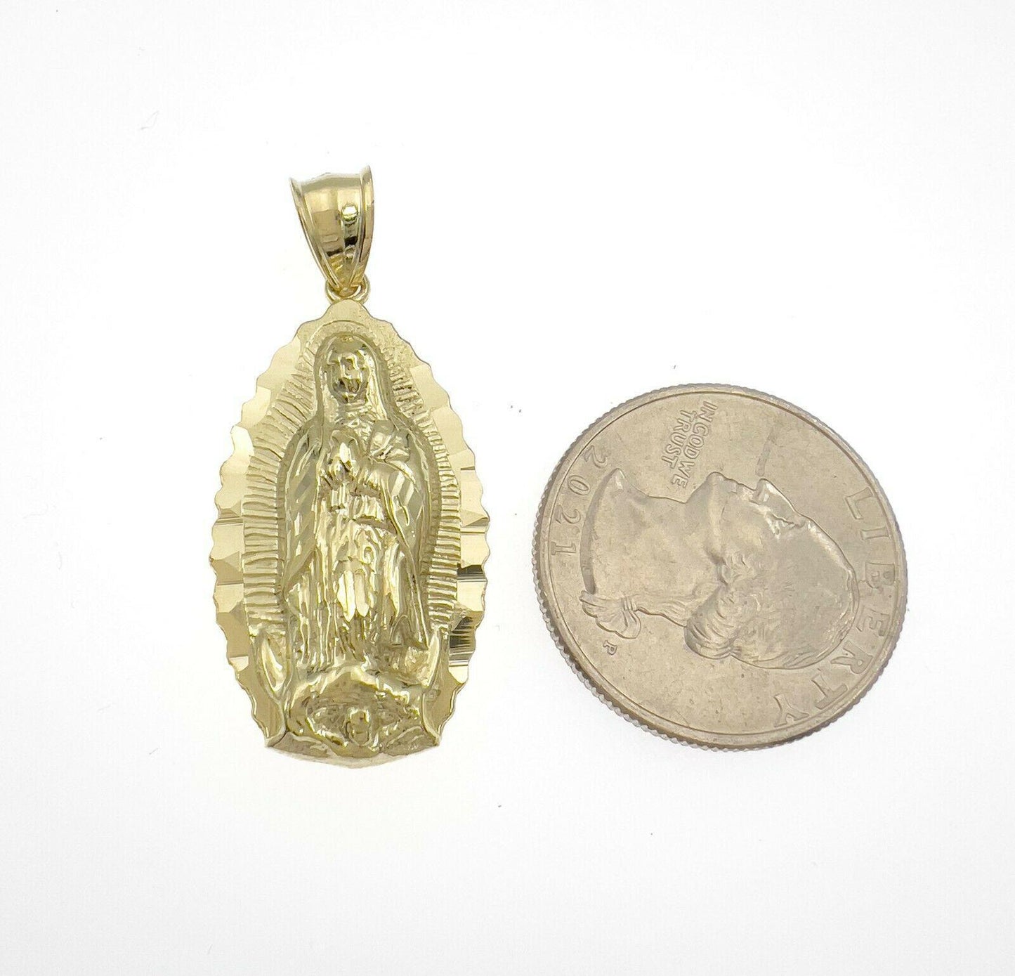 Lady Guadalupe Virgin Mary Pendant Charm Real 10k Yellow Gold 1.6 inch