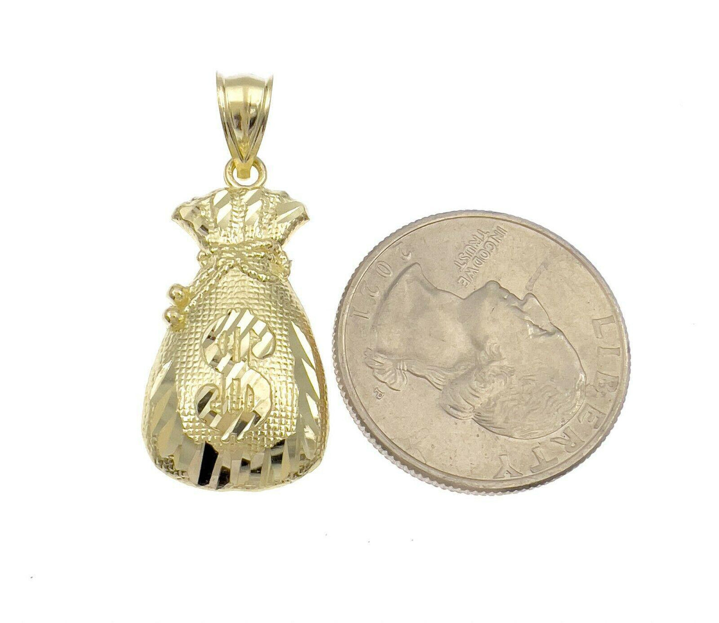 10k Yellow Gold Money Bag Pendant Charm 1.4inch