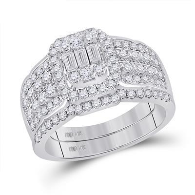 14k White Gold Baguette Cluster Diamond Bridal Wedding Ring Band Set 1 Cttw