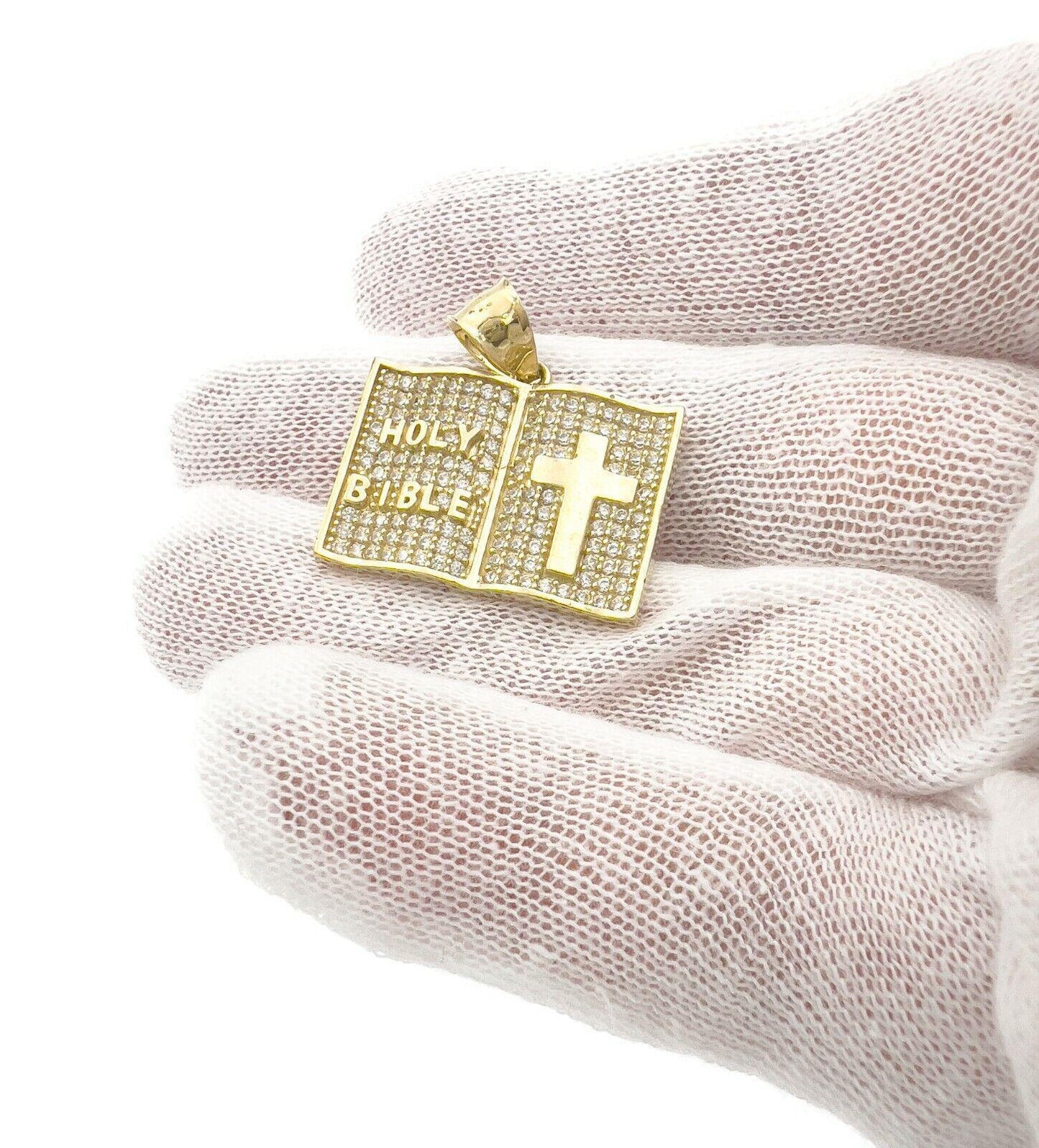 Holy Bible Praying Book Pendant CZ Charm 10k Yellow Gold 1 inch