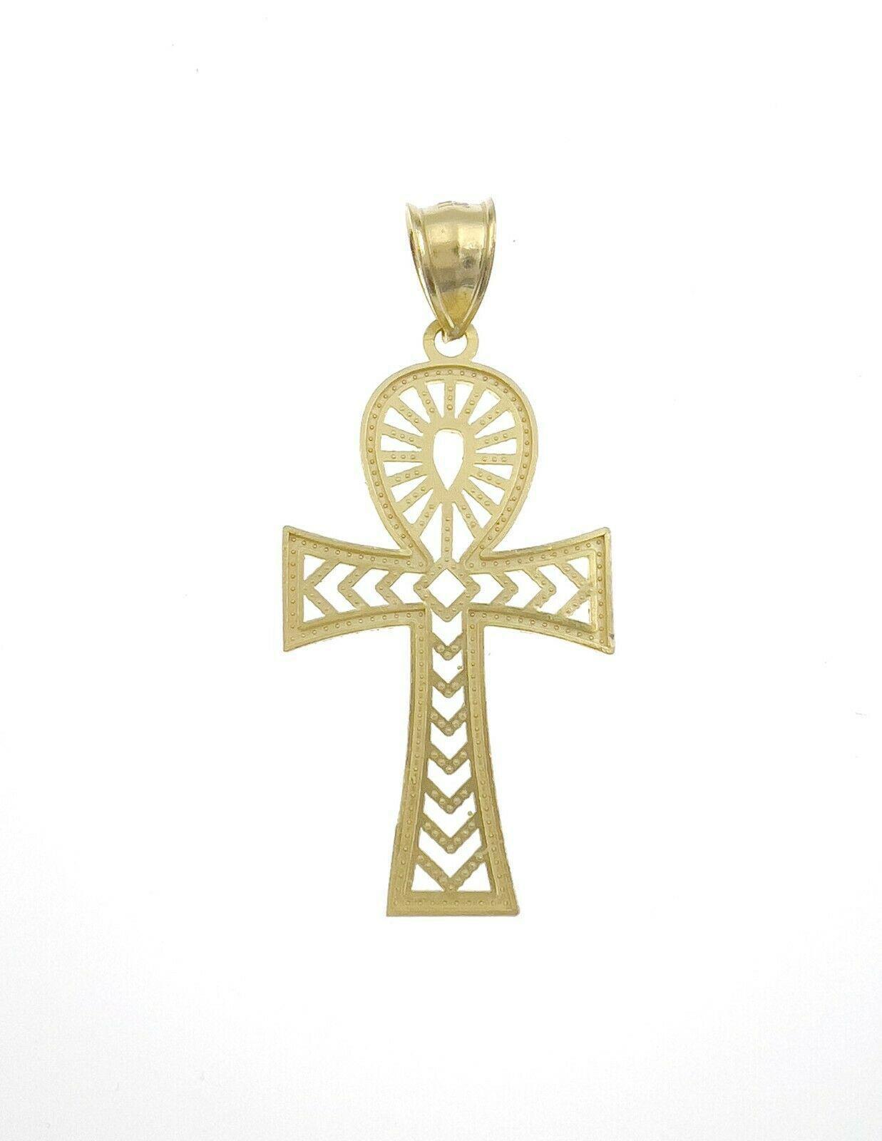Egyptian Ankh Cross Pendant 10k Yellow Gold Charm Diamond Cut 1.8 inch