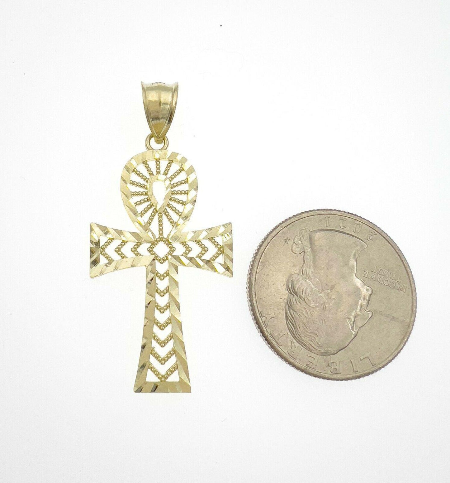 Egyptian Ankh Cross Pendant 10k Yellow Gold Charm Diamond Cut 1.8 inch