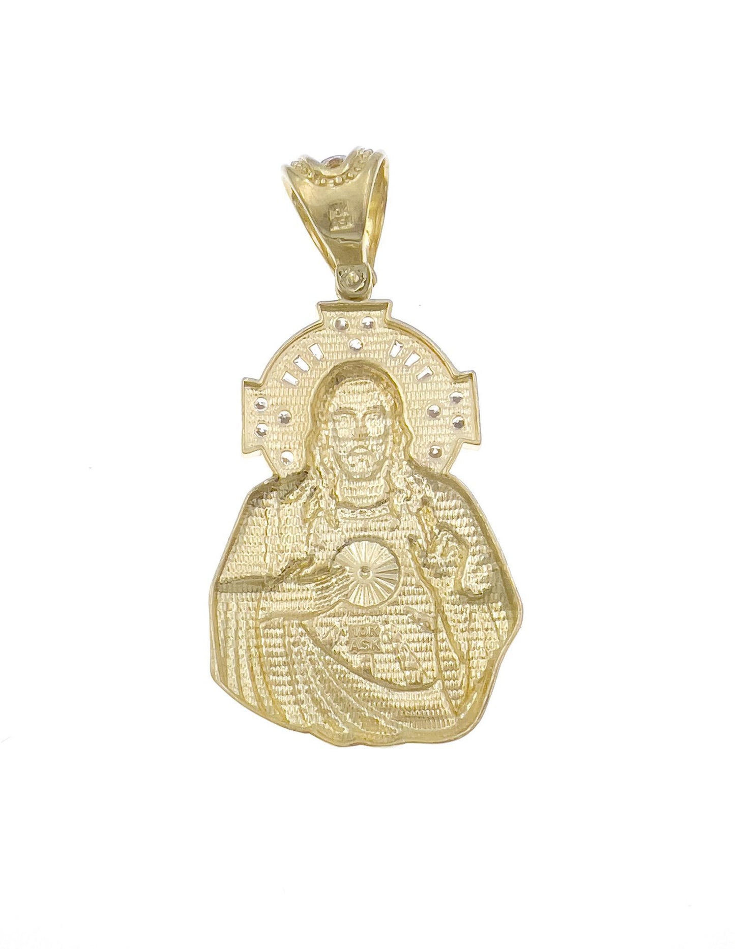 Sacred Heart of Jesus Pendant Mens 10k Two Tone Gold CZ Charm 1.9 inch