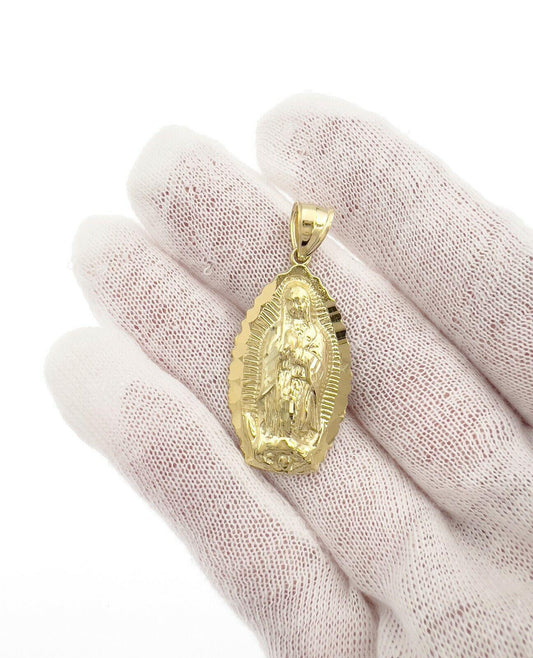 Lady Guadalupe Virgin Mary Pendant Charm Real 10k Yellow Gold 1.6 inch