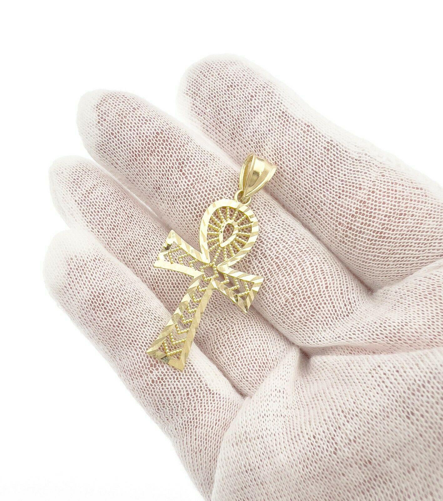 Egyptian Ankh Cross Pendant 10k Yellow Gold Charm Diamond Cut 1.8 inch