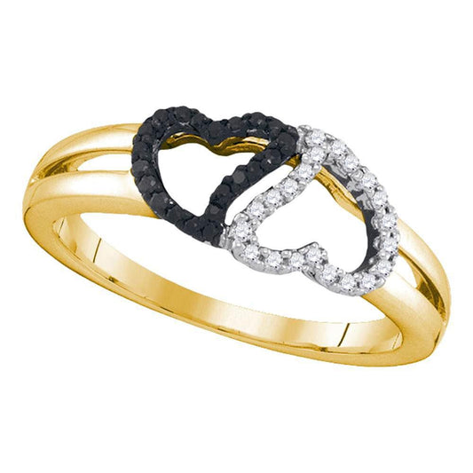 Diamond Black White Double Heart Ring 10k Yellow Gold