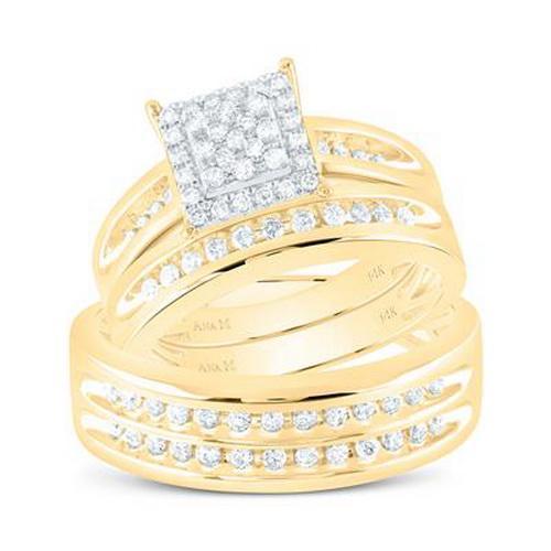 0.62ctw Diamond Square Cluster Trio Wedding Ring Set 14K Yellow Gold