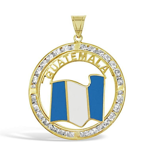 14k Yellow Gold Guatemala Flag Pendant CZ Enamel Charm 1.2"