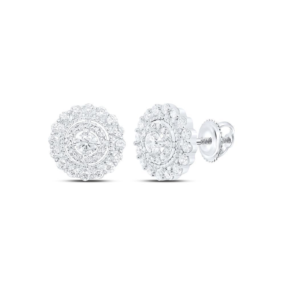 0.99Ctw Diamond Circle Halo Stud Earrings 10k White Gold Screw Back