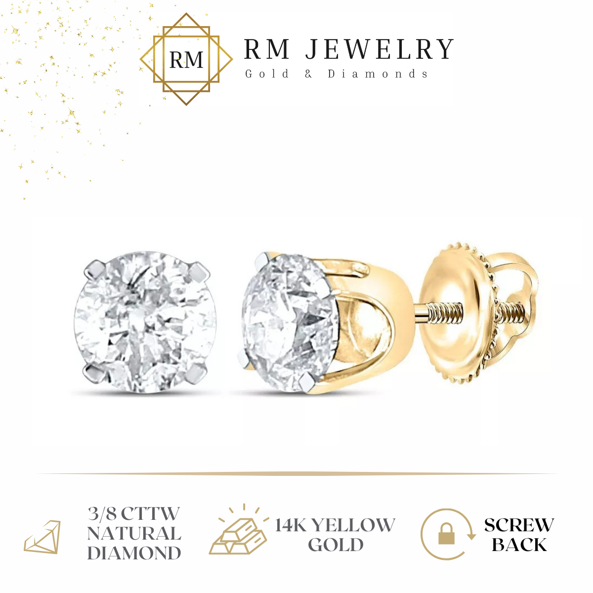 0.39Ct Round Diamond Solitaire Stud Earrings 14k Yellow Gold Screw Back