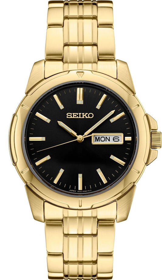 Seiko Essentials Gold Tone Black Dial Mens Watch SUR358