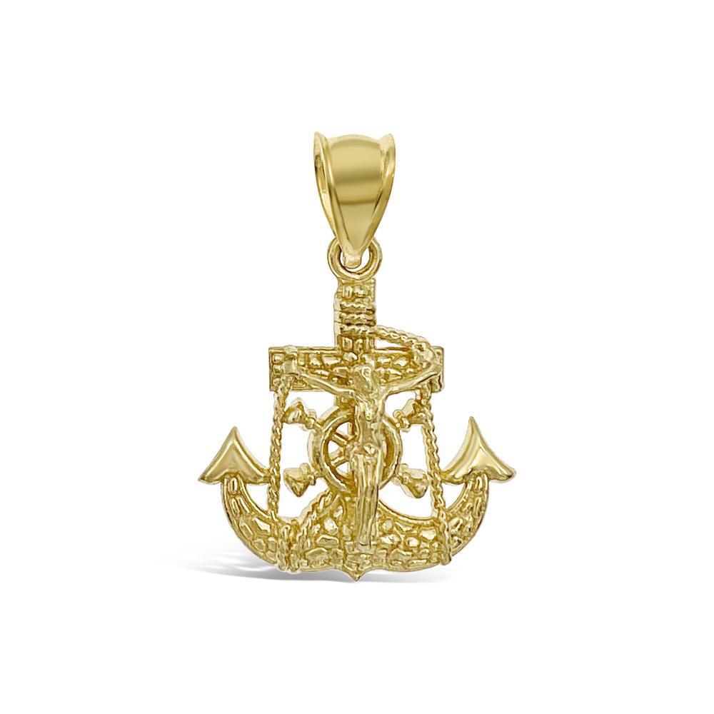 Jesus Crucifix Anchor Pendant Mens Charm 10k Yellow Gold 1.3 inch