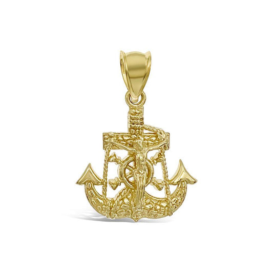 Jesus Crucifix Anchor Pendant Mens Charm 10k Yellow Gold 1.3 inch