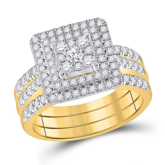 1 Ctw Round Diamond Square Cluster Bridal Wedding Ring Band Set 10k Yellow Gold