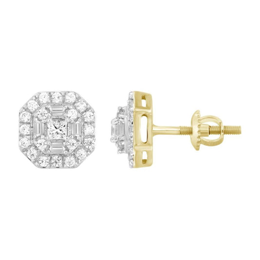 0.50 cttw Princess Baguette Round Diamond Octagon Stud Earrings 10k Gold