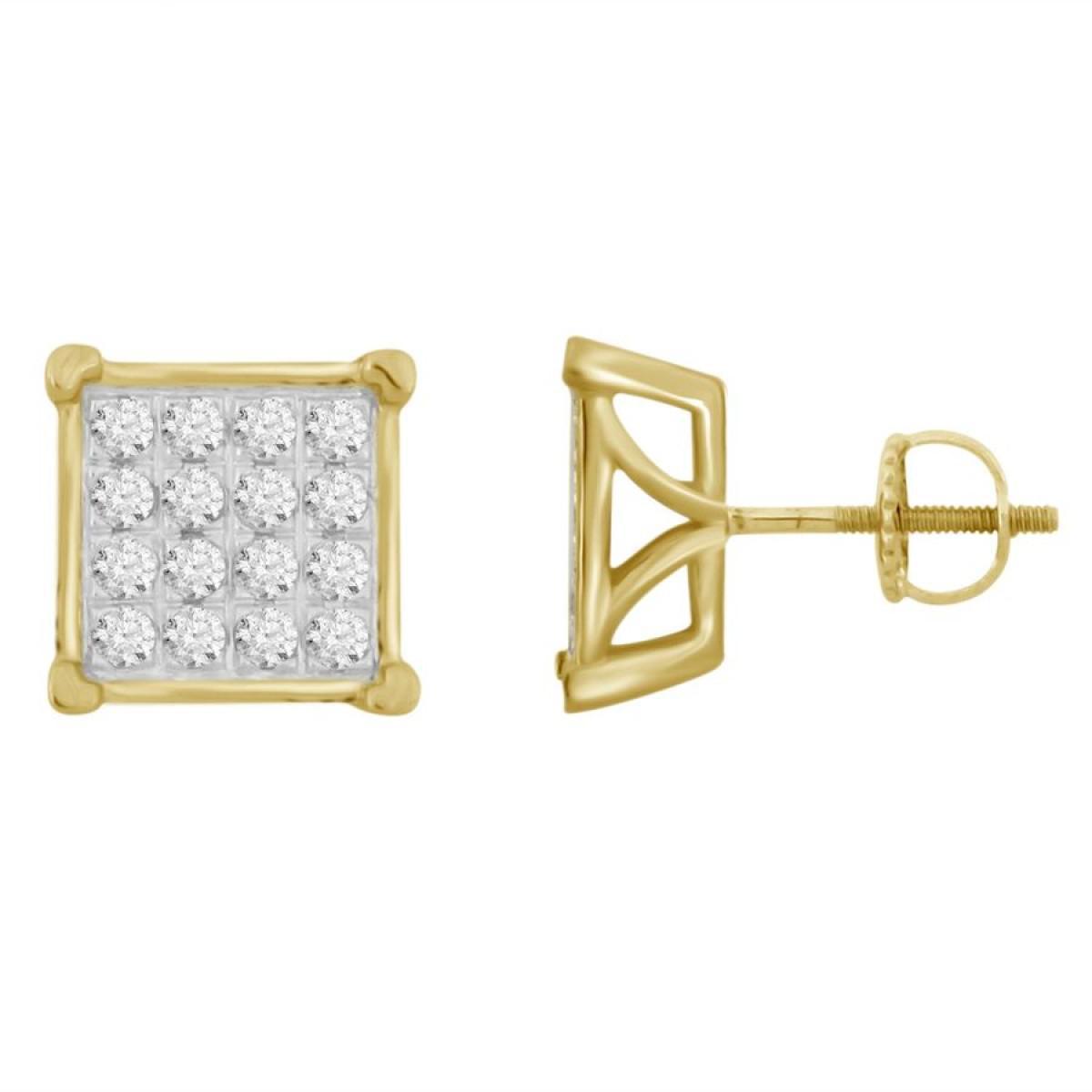 0.50ctw Diamond Square Cluster Stud Earrings 10k Yellow Gold Mens Screw back