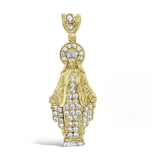 14K Yellow Gold Virgin Mary Lady Guadalupe Pendant CZ Charm 1.6 inch