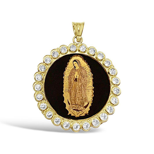 14k Yellow Gold Virgin Mary Pendant Round Medal Lady Guadalupe Charm 1.2"