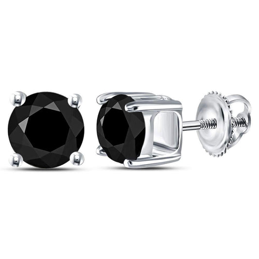 2.00cttw Round Black Diamond Solitaire Mens Stud Earrings 10k White Gold