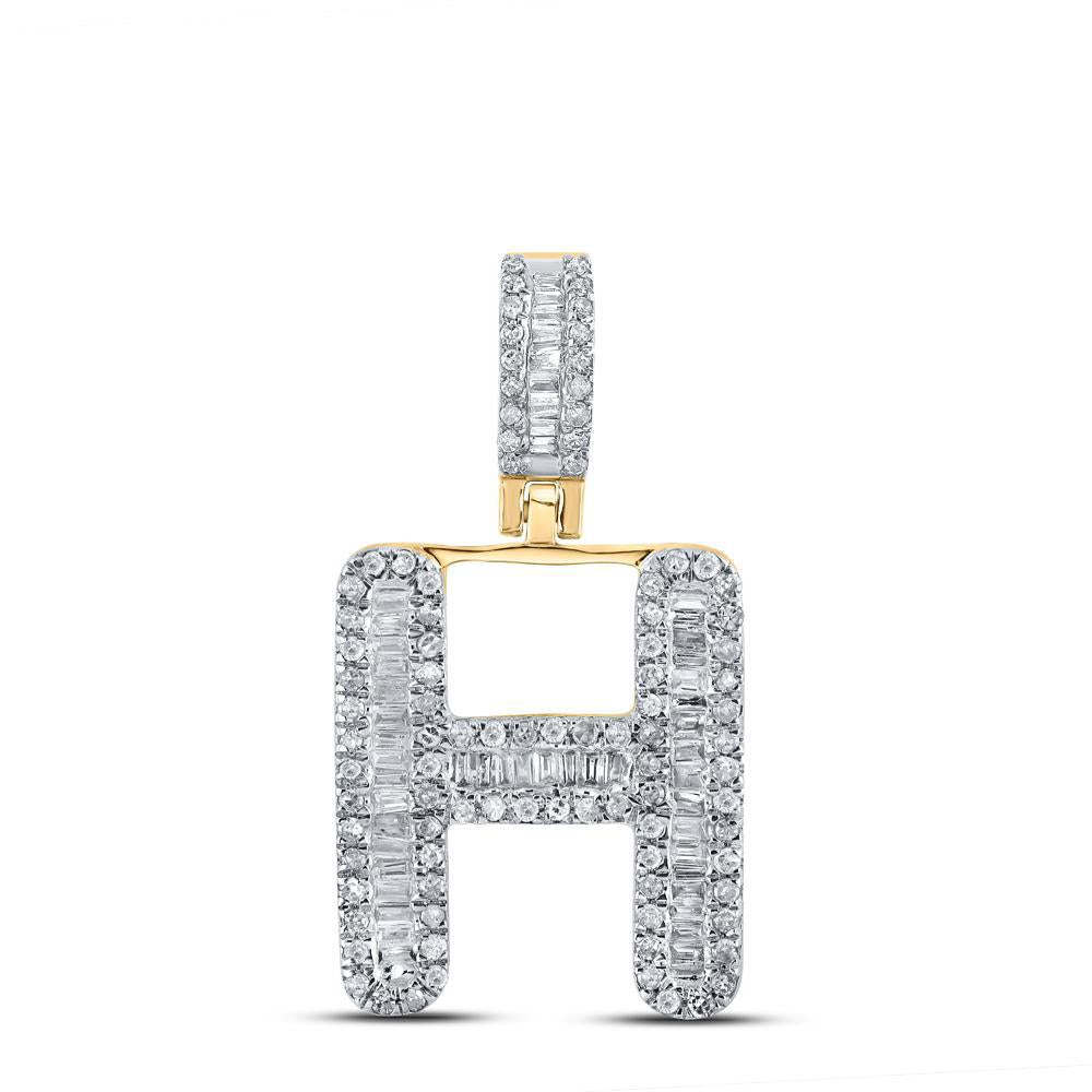 0.46ctw Baguette Diamond Initial Letter H Charm Pendant 10k Yellow Gold Mens