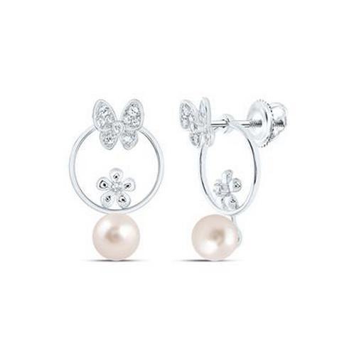 Natural Pearl 6mm & Diamond Butterfly & Flower Drop Stud Earrings 10k White Gold