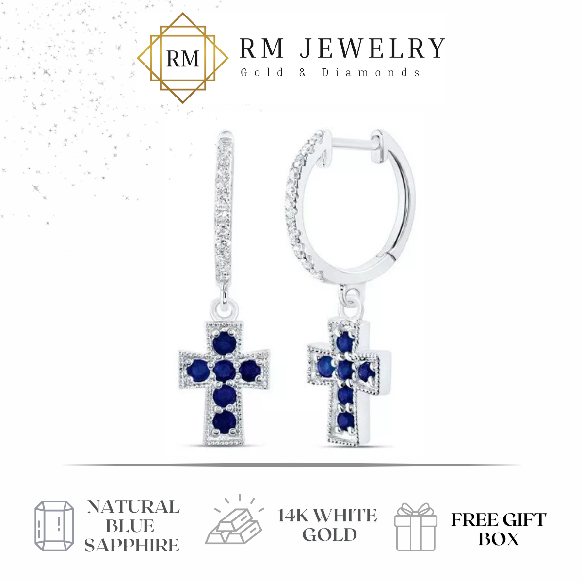 Natural Blue Sapphire & Diamond Cross Hoop Dangle Earrings 14k White Gold