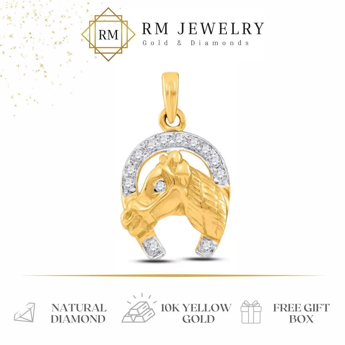 Diamond Lucky Horseshoe Horse Head Charm Pendant 10k Yellow Gold Mens