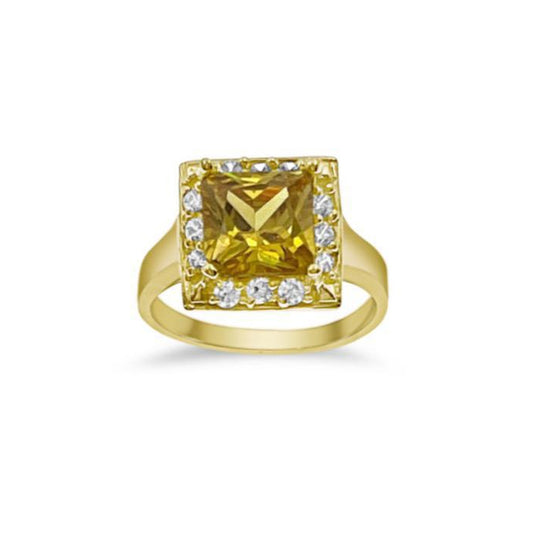 10k Yellow Gold Simulated Citrine Square Halo Ring