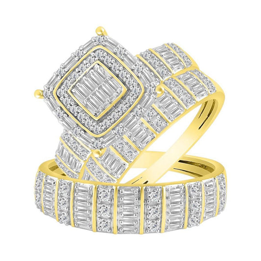 Diamond Baguette Trio Set His Her Wedding Ring Set 10k Yellow Gold Band 1.00cttw