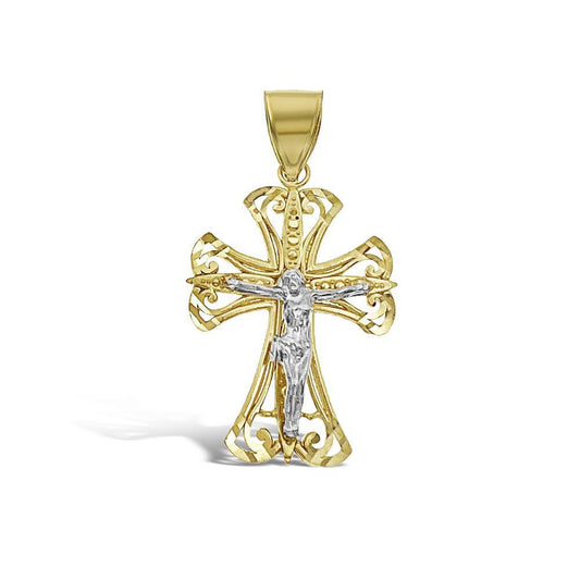 10k Two Tone Gold Cross Crucifix Pendant Charm 1.4"