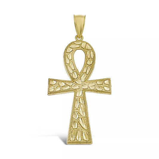 Egyptian Cross Ankh Nugget Pendant 10k Gold Charm 1.8"