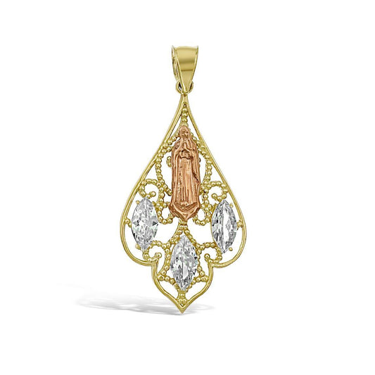 Virgin Mary Guadalupe Pendant 14k Tri Color Gold Charm 1.7"