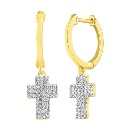0.25cttw Round Diamond Dangling Cross Hoop Earrings 10k Yellow Gold