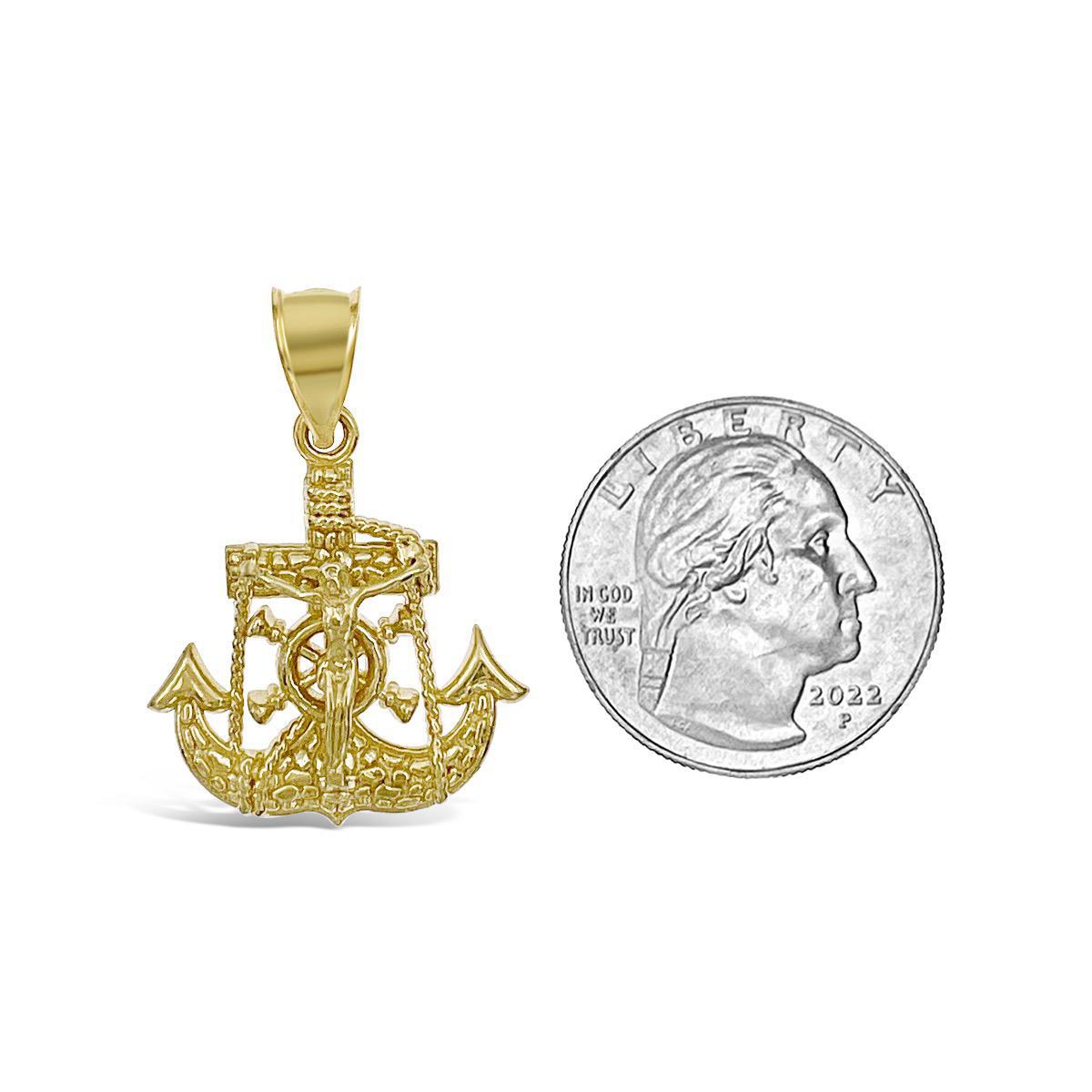 Jesus Crucifix Anchor Pendant Mens Charm 10k Yellow Gold 1.3 inch