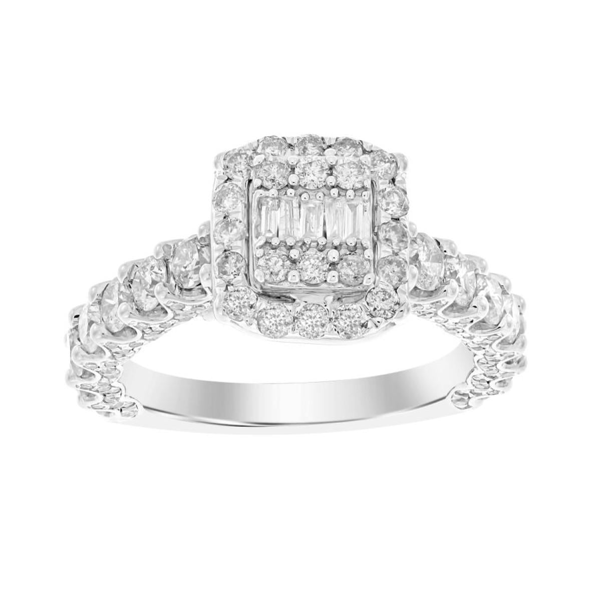 2 Ctw Baguette Round Diamond Square Cluster Engagement Ring 14k White Gold