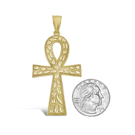Egyptian Cross Ankh Nugget Pendant Mens Charm 10k Yellow Gold 2.9 inch