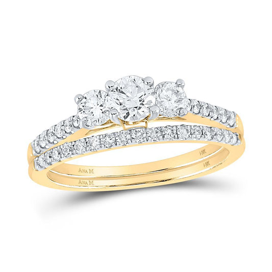 0.97ctw Diamond Three Stone Bridal Wedding Ring Set 14k Yellow Gold