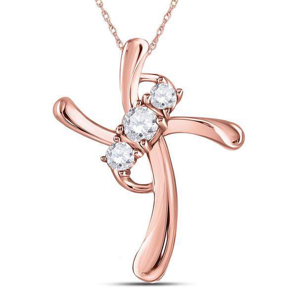 0.14ctw Diamond Three Stone Cross Pendant Charm 14k Rose Gold