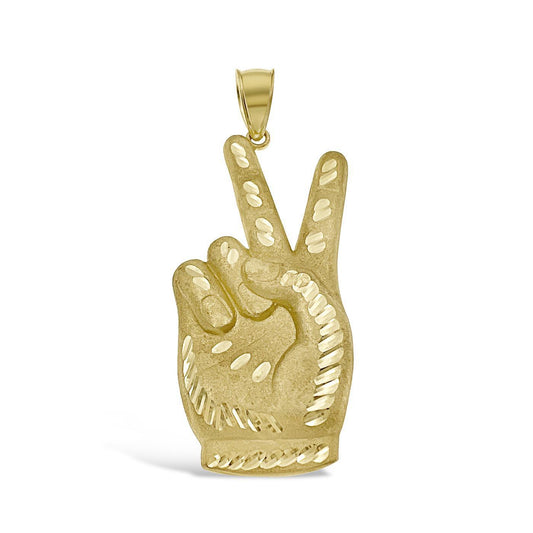 Victory V Sign Pendant 10k Gold Charm 2.9"