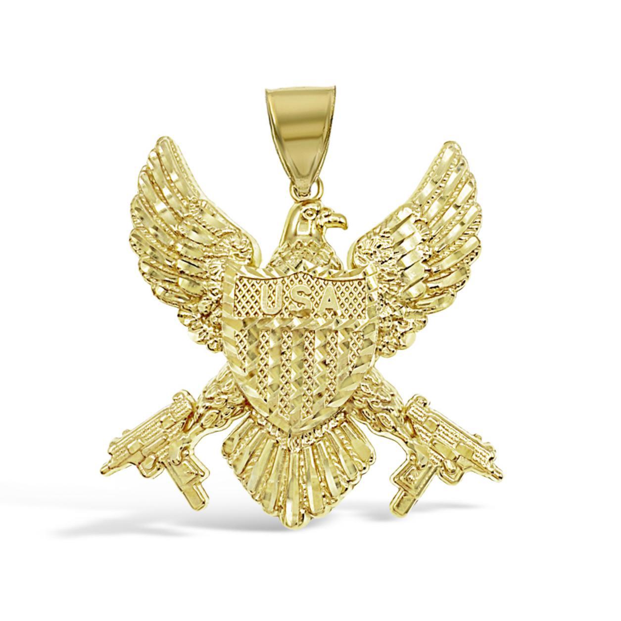 10k Yellow Gold American Eagle Gun USA Flag Mens Pendant Charm 1.5 inch