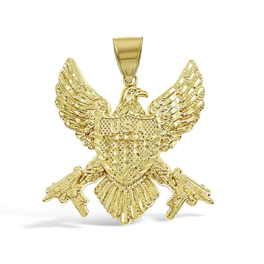 10k Yellow Gold American Eagle Gun USA Flag Mens Pendant Charm 1.5 inch
