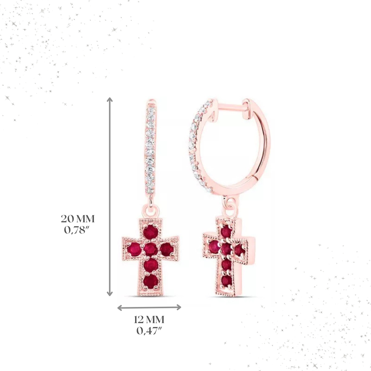 Natural Red Ruby & Diamond Cross Hoop Dangle Earrings 14k Rose Gold