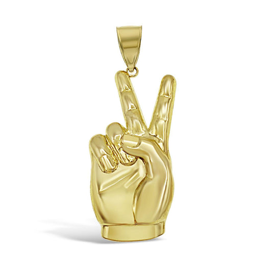 10K Yellow Gold V Peace Sign Hand Mens Pendant 2.4 inch
