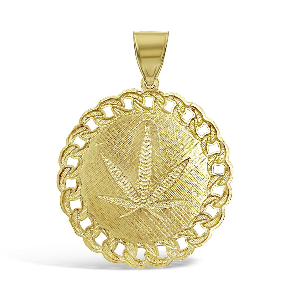 10K Yellow Gold Marijuana Leaf Mens Round Pendant