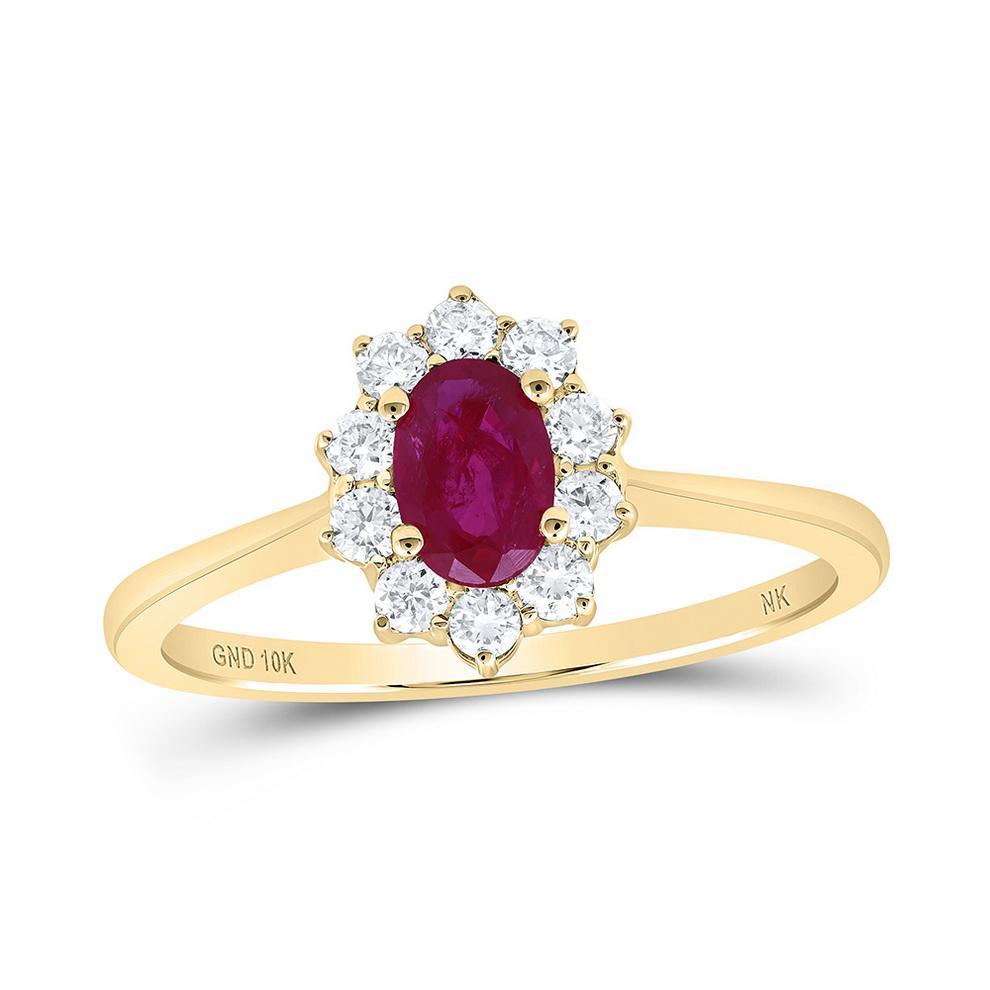 Oval Ruby Diamond Halo Ring 10K Yellow Gold